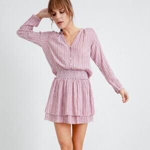 Rails Jasmine Lucia Stripe Smocked Waist Long Sleeve Linen Blend Mini Dress S